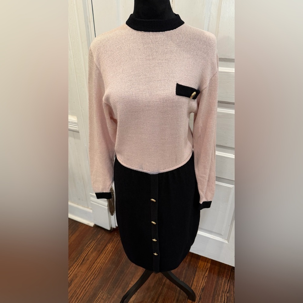 Vintage St John Marie Gray Wool Knit Pink Black Dress Y2K Sz 6 Long Sleeve USA